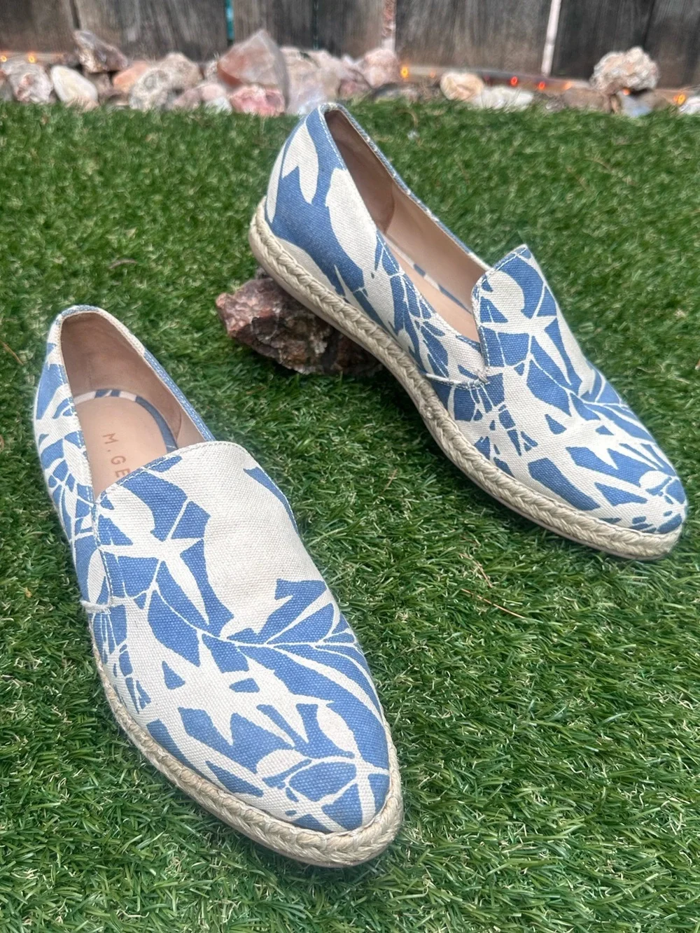 M. Gemi Blue and Cream Botanical Canvas Espadrilles